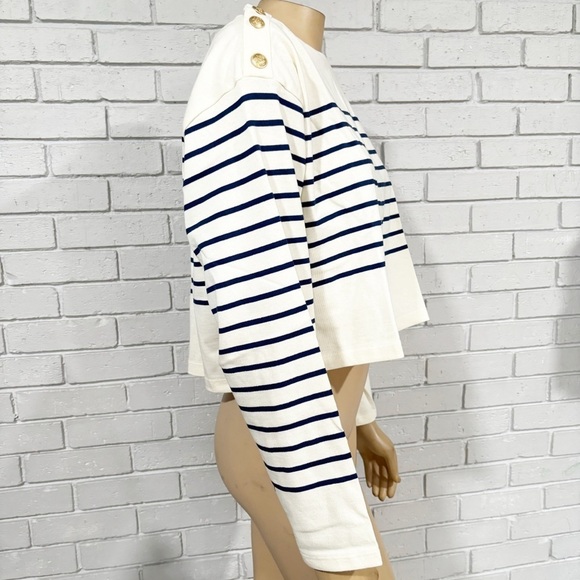 J.Crew Cropped Boatneck T-shirt with Buttons in Mariner Cotton - Size Large - Picture 6 of 14